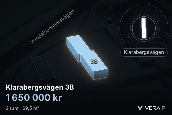 VERA PI:s bild av Klarabergsvägen 3B: huset i 3D, upplyst i blått, och kartan runt omkring