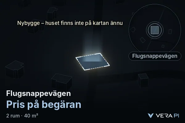 VERA PI:s bild av Flugsnappevägen: huset i 3D, upplyst i blått, och kartan runt omkring