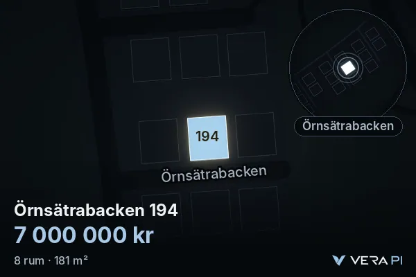 VERA PI's image of Örnsätrabacken 194: the building in 3D, lit in blue, and the map around it