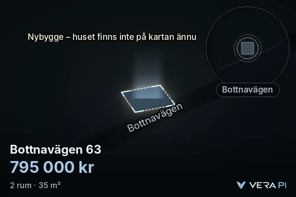 VERA PI:s bild av Bottnavägen 63: huset i 3D, upplyst i blått, och kartan runt omkring