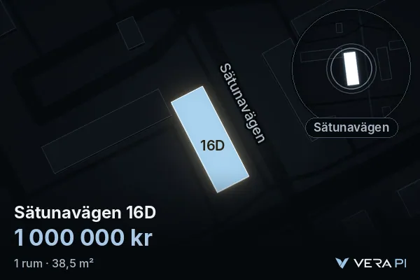 VERA PI:s bild av Sätunavägen 16D: huset i 3D, upplyst i blått, och kartan runt omkring