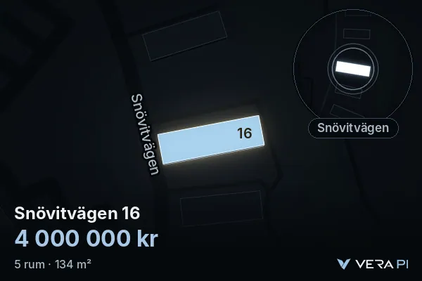 VERA PI's image of Snövitvägen 16: the building in 3D, lit in blue, and the map around it