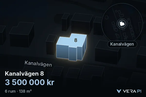 VERA PI:s bild av Kanalvägen 8: huset i 3D, upplyst i blått, och kartan runt omkring