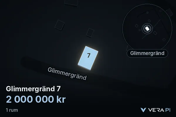 VERA PI's image of Glimmergränd 7: the building in 3D, lit in blue, and the map around it