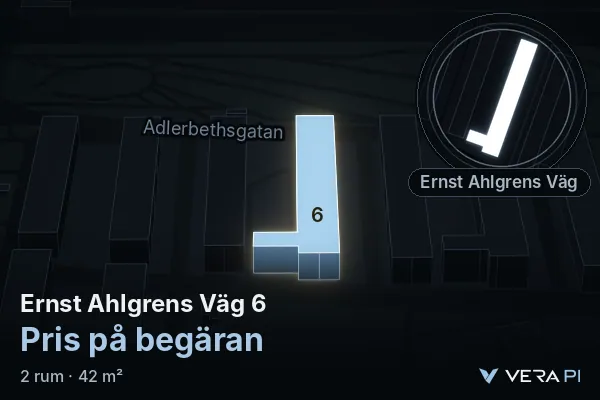 VERA PI:s bild av Ernst Ahlgrens Väg 6: huset i 3D, upplyst i blått, och kartan runt omkring