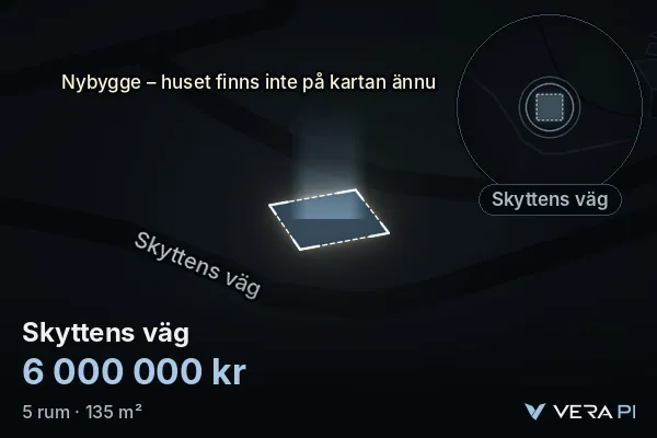 VERA PI:s bild av Skyttens väg: huset i 3D, upplyst i blått, och kartan runt omkring