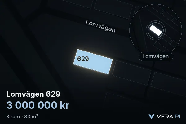 VERA PI's image of Lomvägen 629: the building in 3D, lit in blue, and the map around it