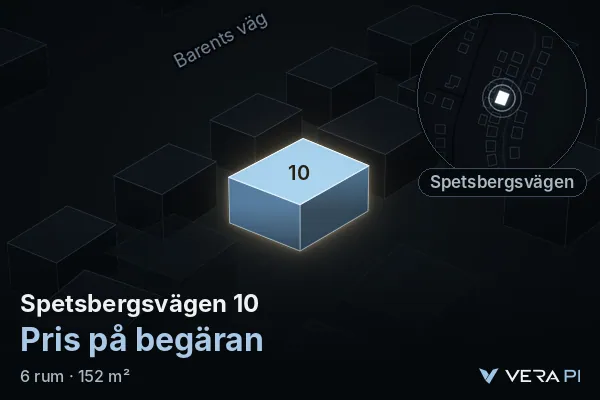 VERA PI:s bild av Spetsbergsvägen 10: huset i 3D, upplyst i blått, och kartan runt omkring