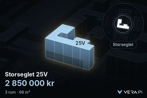 VERA PI's image of Storseglet 25V: the building in 3D, lit in blue, and the map around it