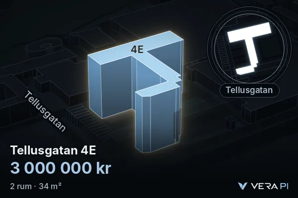 VERA PI's image of Tellusgatan 4E: the building in 3D, lit in blue, and the map around it
