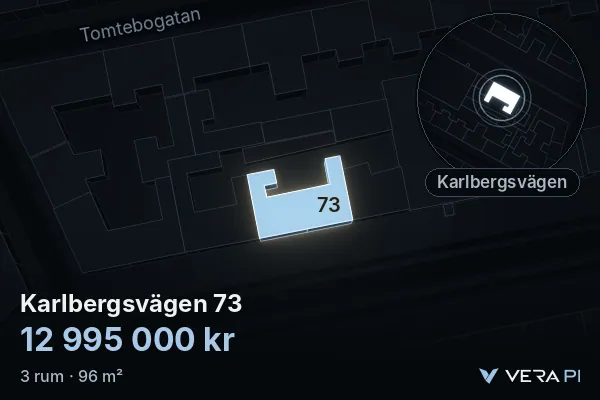 VERA PI's image of Karlbergsvägen 73: the building in 3D, lit in blue, and the map around it