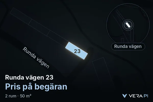 VERA PI's image of Runda vägen 23: the building in 3D, lit in blue, and the map around it