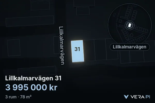 VERA PI's image of Lillkalmarvägen 31: the building in 3D, lit in blue, and the map around it