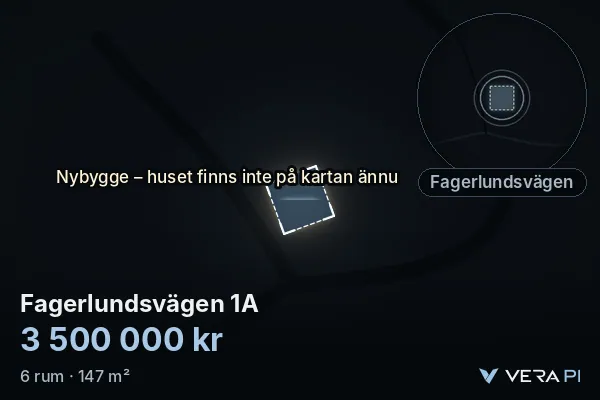 VERA PI:s bild av Fagerlundsvägen 1A: huset i 3D, upplyst i blått, och kartan runt omkring