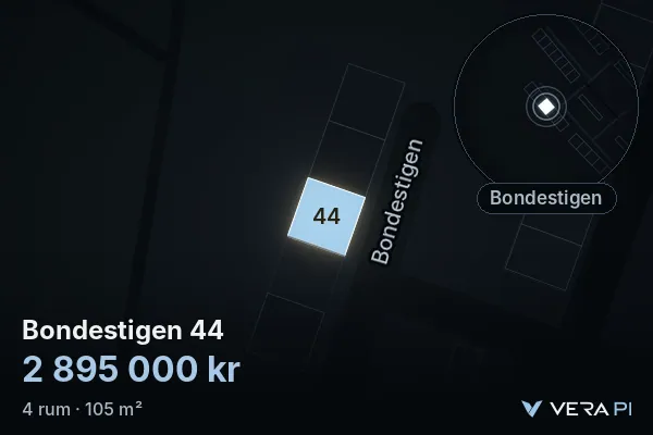 VERA PI's image of Bondestigen 44: the building in 3D, lit in blue, and the map around it