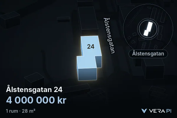 VERA PI's image of Ålstensgatan 24: the building in 3D, lit in blue, and the map around it
