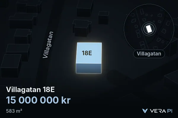 VERA PI:s bild av Villagatan 18E: huset i 3D, upplyst i blått, och kartan runt omkring