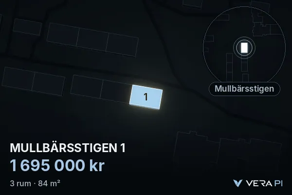 VERA PI:s bild av MULLBÄRSSTIGEN 1: huset i 3D, upplyst i blått, och kartan runt omkring
