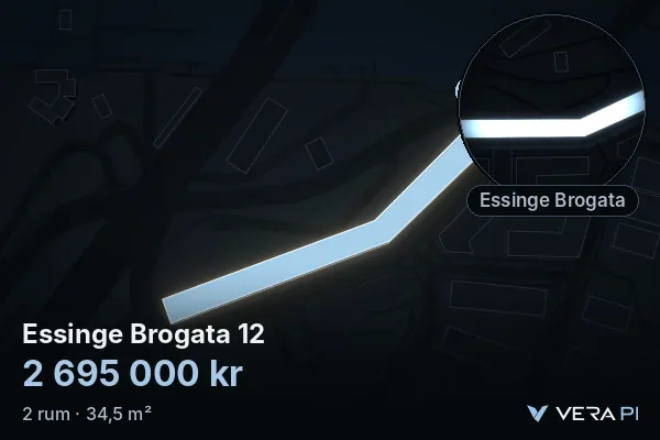 VERA PI:s bild av Essinge Brogata 12: huset i 3D, upplyst i blått, och kartan runt omkring
