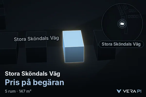 VERA PI:s bild av Stora Sköndals Väg: huset i 3D, upplyst i blått, och kartan runt omkring