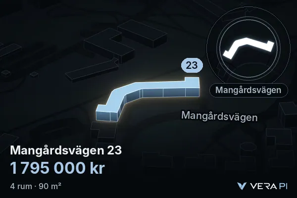 VERA PI:s bild av Mangårdsvägen 23: huset i 3D, upplyst i blått, och kartan runt omkring