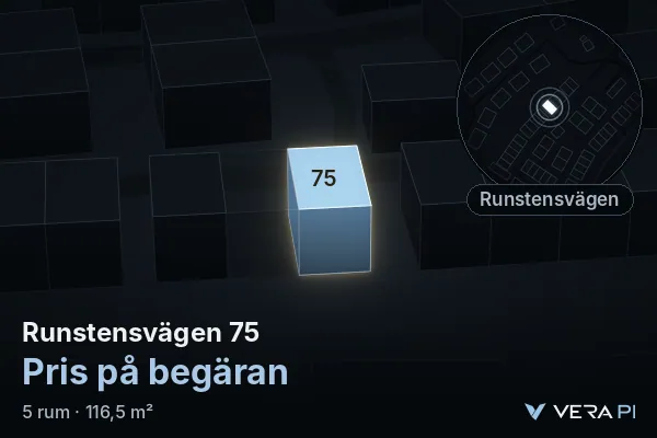 VERA PI:s bild av Runstensvägen 75: huset i 3D, upplyst i blått, och kartan runt omkring