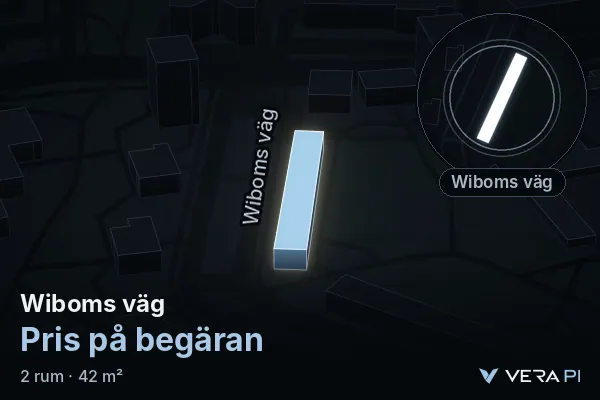 VERA PI's image of Wiboms väg: the building in 3D, lit in blue, and the map around it