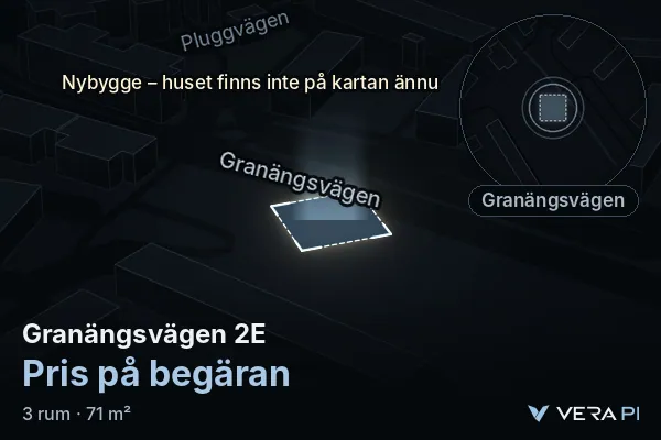 VERA PI:s bild av Granängsvägen 2E: huset i 3D, upplyst i blått, och kartan runt omkring