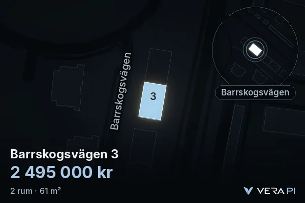 VERA PI:s bild av Barrskogsvägen 3: huset i 3D, upplyst i blått, och kartan runt omkring