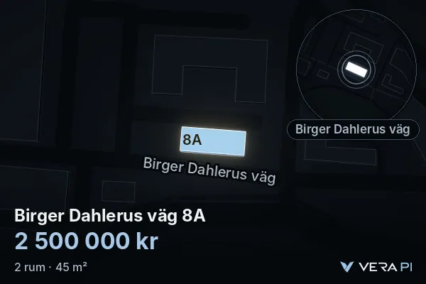 VERA PI's image of Birger Dahlerus väg 8A: the building in 3D, lit in blue, and the map around it