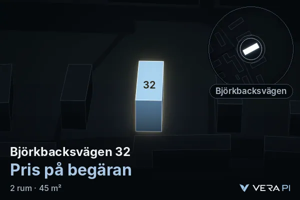 VERA PI's image of Björkbacksvägen 32: the building in 3D, lit in blue, and the map around it