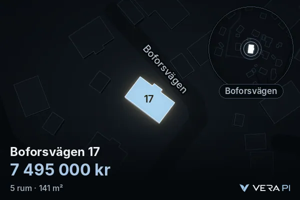 VERA PI's image of Boforsvägen 17: the building in 3D, lit in blue, and the map around it