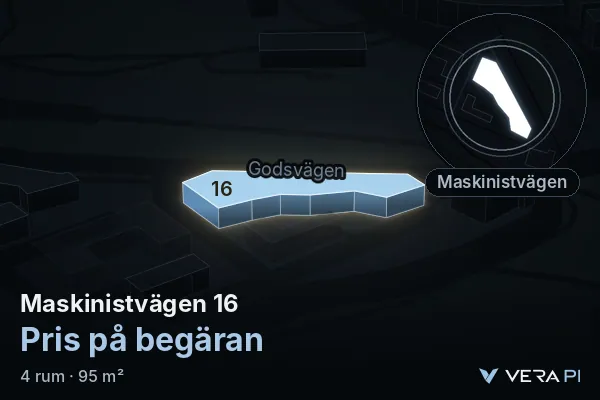 VERA PI's image of Maskinistvägen 16: the building in 3D, lit in blue, and the map around it