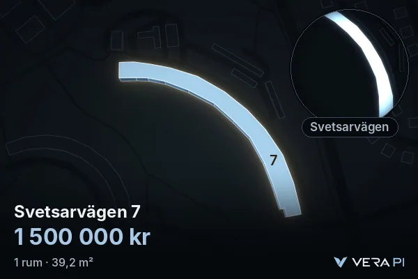 VERA PI's image of Svetsarvägen 7: the building in 3D, lit in blue, and the map around it