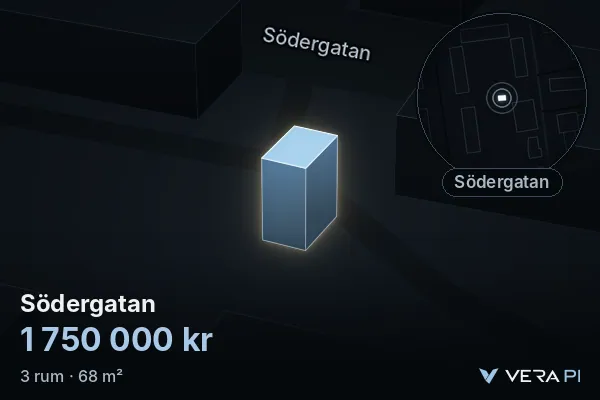 VERA PI:s bild av Södergatan: huset i 3D, upplyst i blått, och kartan runt omkring