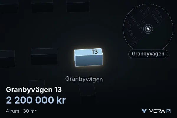 VERA PI:s bild av Granbyvägen 13: huset i 3D, upplyst i blått, och kartan runt omkring