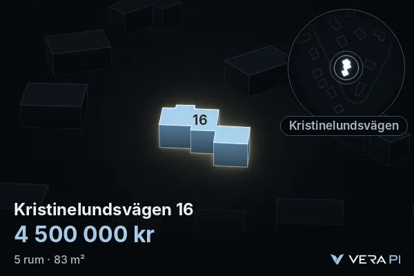 VERA PI:s bild av Kristinelundsvägen 16: huset i 3D, upplyst i blått, och kartan runt omkring