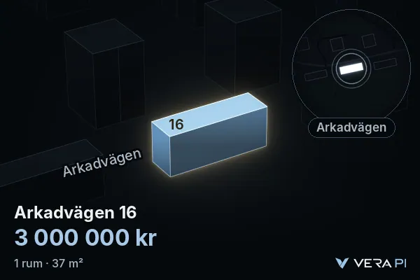 VERA PI:s bild av Arkadvägen 16: huset i 3D, upplyst i blått, och kartan runt omkring