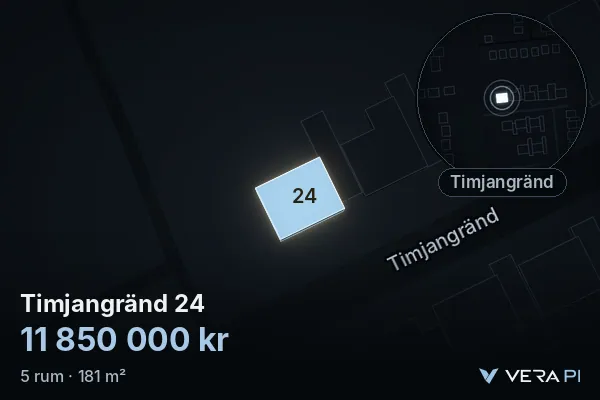 VERA PI's image of Timjangränd 24: the building in 3D, lit in blue, and the map around it