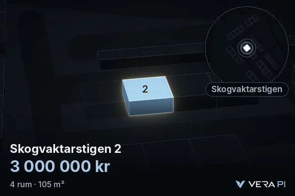 VERA PI:s bild av Skogvaktarstigen 2: huset i 3D, upplyst i blått, och kartan runt omkring