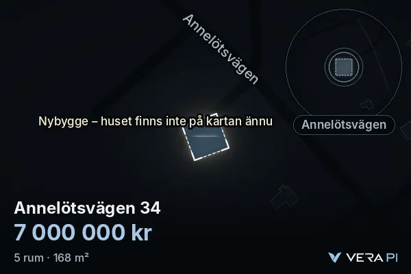 VERA PI's image of Annelötsvägen 34: the building in 3D, lit in blue, and the map around it