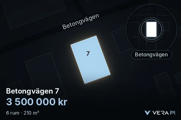 VERA PI:s bild av Betongvägen 7: huset i 3D, upplyst i blått, och kartan runt omkring