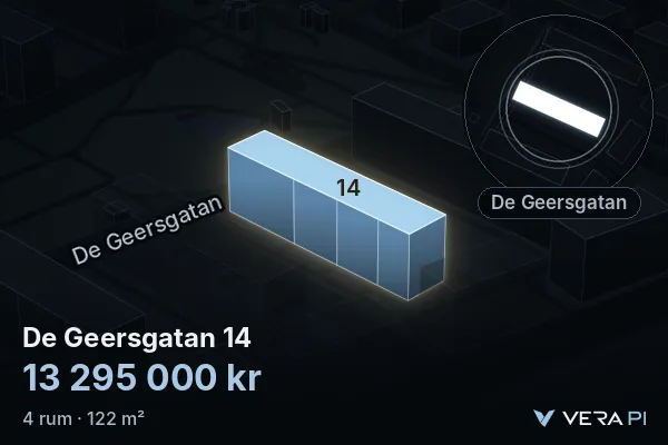 VERA PI's image of De Geersgatan 14: the building in 3D, lit in blue, and the map around it