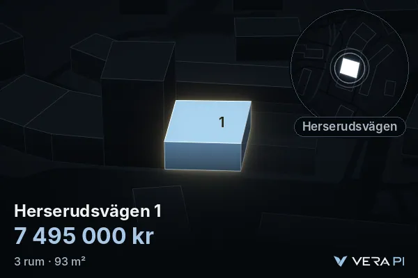 VERA PI's image of Herserudsvägen 1: the building in 3D, lit in blue, and the map around it