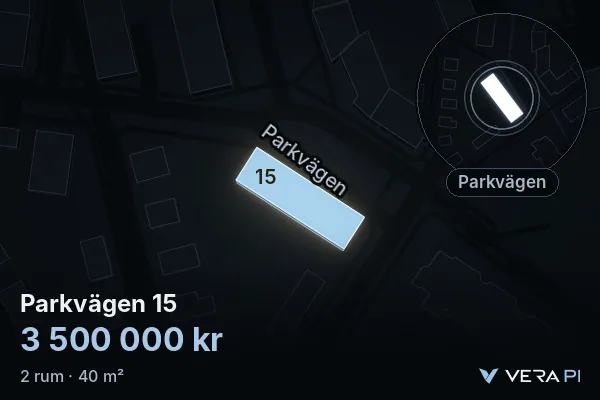 VERA PI's image of Parkvägen 15: the building in 3D, lit in blue, and the map around it