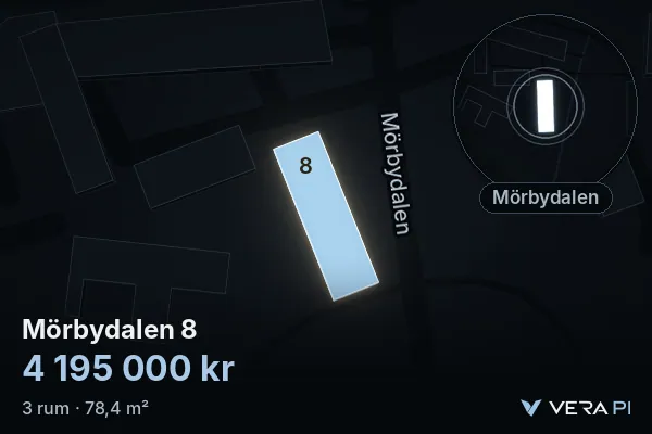 VERA PI's image of Mörbydalen 8: the building in 3D, lit in blue, and the map around it