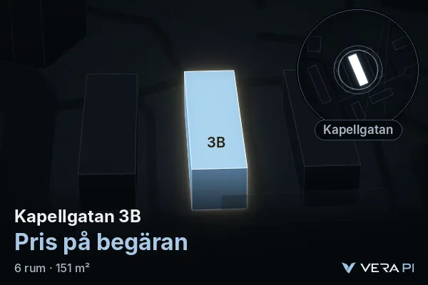 VERA PI's image of Kapellgatan 3B: the building in 3D, lit in blue, and the map around it