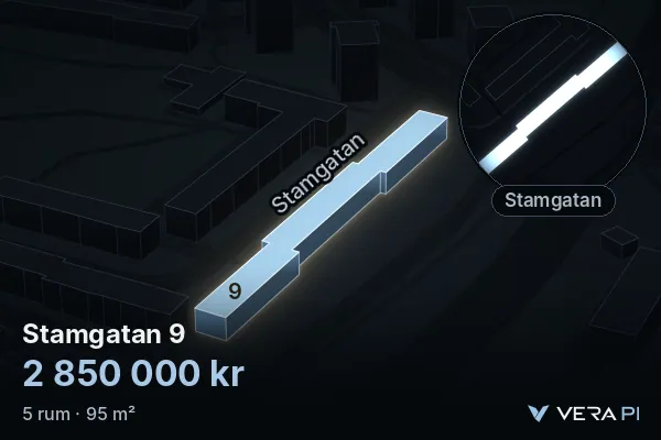VERA PI:s bild av Stamgatan 9: huset i 3D, upplyst i blått, och kartan runt omkring