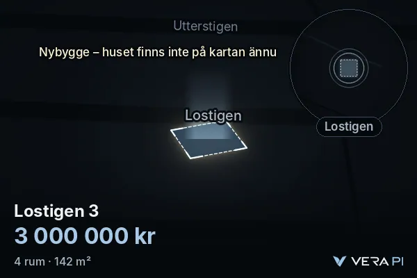 VERA PI:s bild av Lostigen 3: huset i 3D, upplyst i blått, och kartan runt omkring