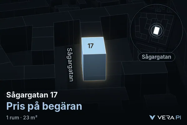 VERA PI's image of Sågargatan 17: the building in 3D, lit in blue, and the map around it